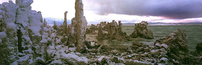 Fine Art Panorama Landscape Photography Snow Storm Over Paoha Island from South Tufas, Mono Lake, Eastern Sierra